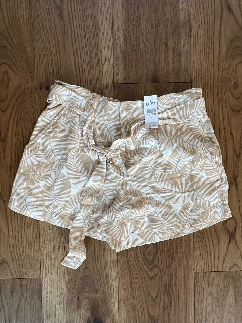 LOFT Beige and White Palm-Print Tie-Waist Shorts Linen Blend Size S - Picture 2 of 5